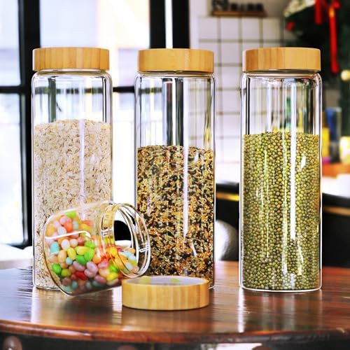 Glass Canisters With Airtight Bamboo Lids - 3 Pack 80oz Cereal Containers, Cookie Jars, Pasta Storage - Screw On Kitchen Jars