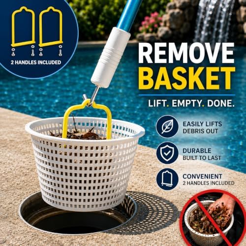 The Skimmie (Long Version) Pool Skimmer Net & Pole 53" with Stainless Steel Hook, Two Skimmer Basket Handles, Fine Mesh Net & Skimmie Dip - Hands-Free Removal of Debris, Bugs, Frogs, Small, Animals