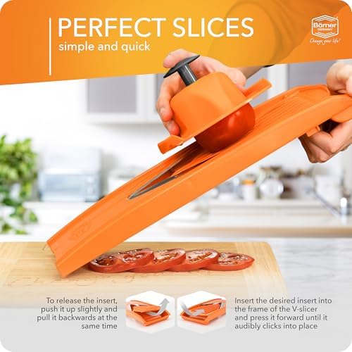 Borner Mandoline Food Slicer V1 (Basic Set) by Reston Lloyd • V-Slicer with Food Holder • Made in Germany • Fruit & Vegetable Chopper • Multiple Settings • Color: Orange