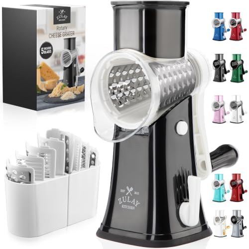 Rotary Cheese Grater Manual Hand Crank 5 Blade Shredder, White & Black