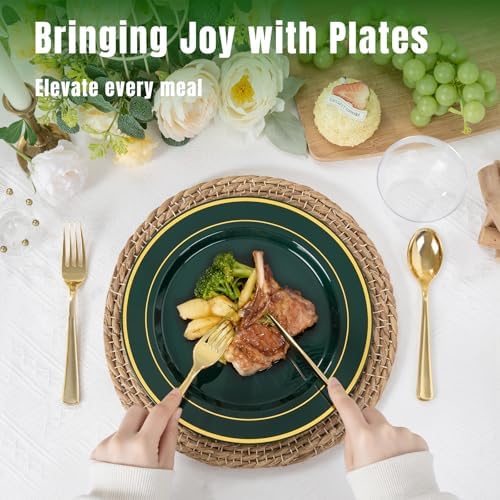 WDF Partyware 350PCS Green and Gold Plates - Green Plastic Plates 50Guests Plastic Plate with Rolled Napkins for Party/Birthday/Wedding