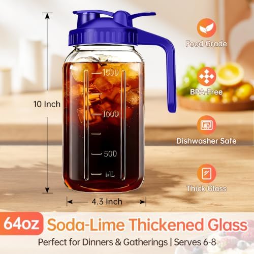 64oz Glass Pitcher with Lid & Spout – 2 Quart Mason Jars, Airtight & Leakproof Breastmilk Pitcher for Cold Brew Coffee, Sun Tea, Water, Juice – Wide Mouth, Fridge Safe