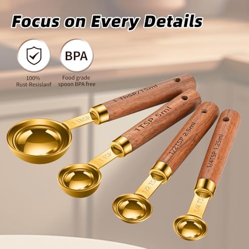 Wooden Handle Measuring Cups & Spoons Set 8-Piece – Stainless Steel, Stackable, Rustic Farmhouse Kitchen Gadgets, Non-Toxic, Dishwasher Safe, Gift for Bakers & New Homeowners