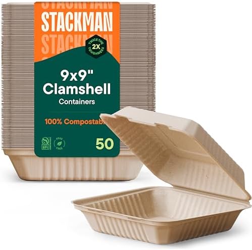 100% Compostable Clamshell Take Out Containers - 9x9 [50-Pack] Heavy Duty