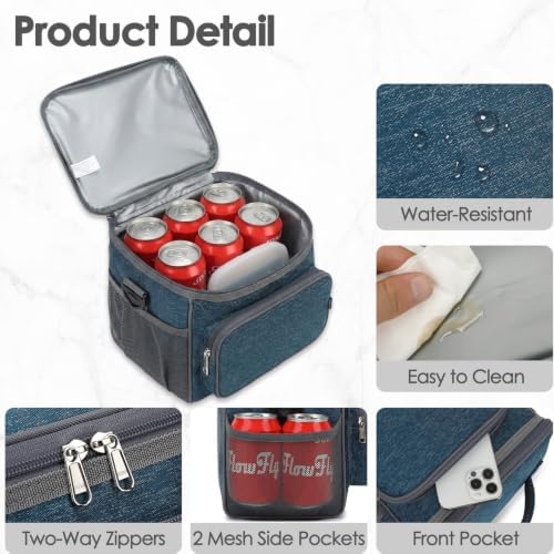 FlowFly Insulated Reusable Lunch Bag Adult Large Lunch Box for Women and Men with Adjustable Shoulder Strap,Front Zipper Pocket and Dual Large Mesh Side Pockets,Royal