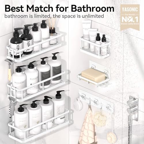 YASONIC Shower Caddy Adhesive, Rustproof Shower Organizer with Soap Holder, Large Capacity Shower Shelves for Inside Shower, No Drilling Bathroom Organizers and Storage for Home Decor（6 Pack White）