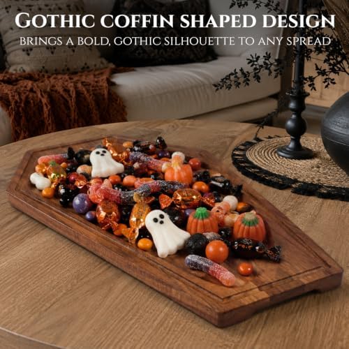 Large Gothic Coffin Charcuterie Board - Acacia Wood Coffin Cutting Board 17x10.5inch - Halloween Serving Tray for Goth Platter, Witchy Gifts for Women