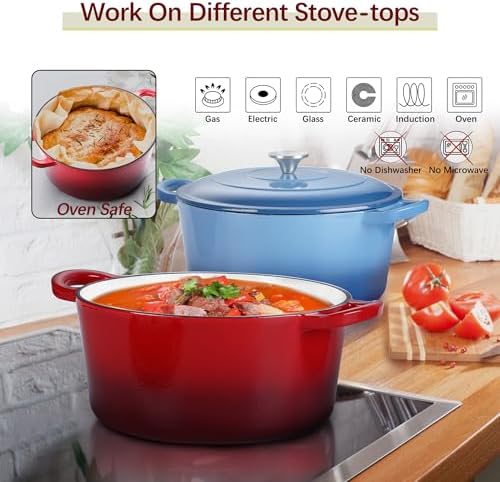 E-far 7QT Enameled Dutch Oven, Cast Iron Dutch Oven Pot with Lid for Cooking/Bread Baking/Braising/Roasting/Stewing, Heavy Duty Round Nonstick Cookware Safe for Induction & Oven - Red