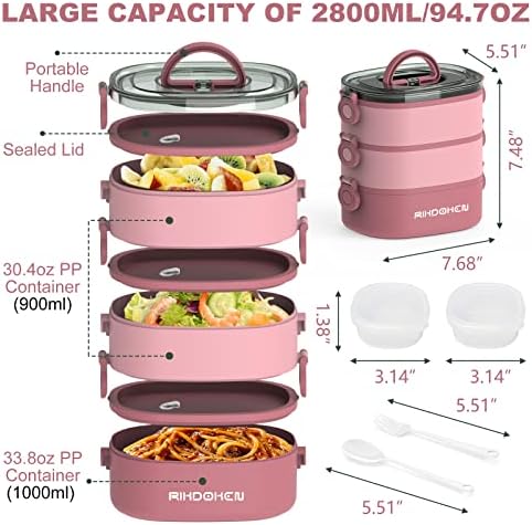 RIKDOKEN Lunch Box, Stackable 3 Layers Containers, Portable 94OZ Large Capacity Leakproof Bento Box with Spoon & Fork & Sauce Boxes, Microwave Safe Lunch Box for Kids and Adults