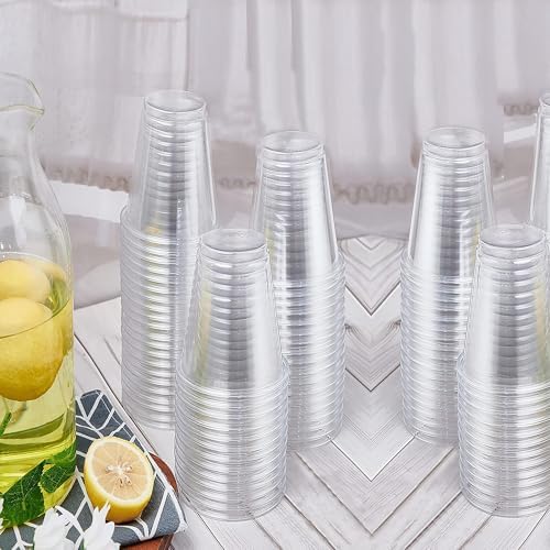 TashiBox 16oz-100 Count Plastic cups with flat lids | Disposable Plastic Ice coffee Cups to go | Crystal Clear (Pack of 3)