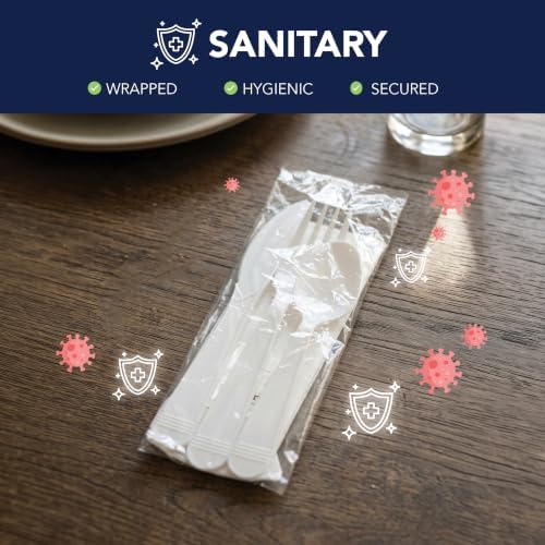 Party Essentials Individually Wrapped Plastic Cutlery Packets/Heavy Duty Silverware Kits, Fork/Spoon/Knife/Napkin/Salt/Pepper, 50 Utensils Sets, White
