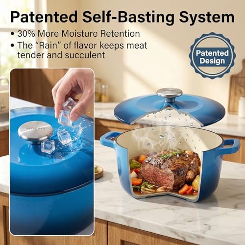 7QT Enameled Cast Iron Dutch Oven,Concave Self-Basting Lid,Blue