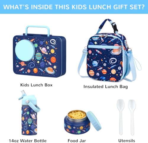 Kids Bento Box with Food Jar, Water Bottle, Lunch Bag, Planet