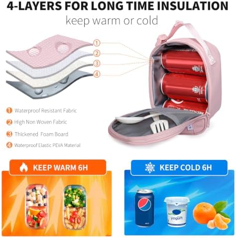 NOL Small Insulated Snack Bag Mini Freezable Cooler Pouch 3L fit 3 Cans | Wide-Mouth 6hours Cool & Warm Lightweight Leakproof Nylon Box for Work Travel Pink