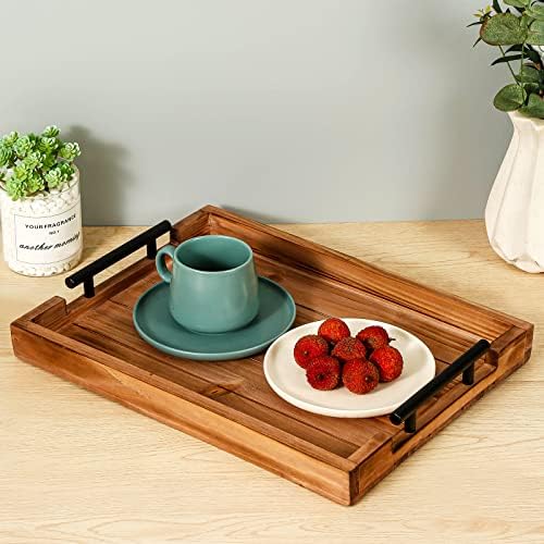 2Pc Nested Vintage Wooden Serving Tray Set, Coffee Table Ottoman Decor