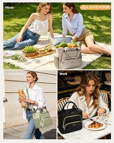 LOVEVOOK Lunch Box for Women, Diamond Quilted Lunch Bag for Work,13L,Black