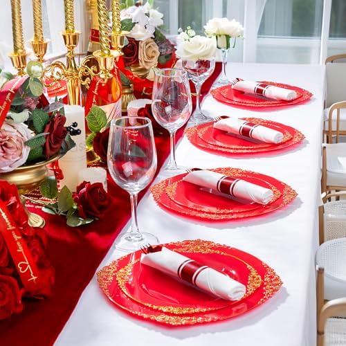 400PCS Pre Rolled Red Plastic Silverware Sets Heavy Duty for Wedding
