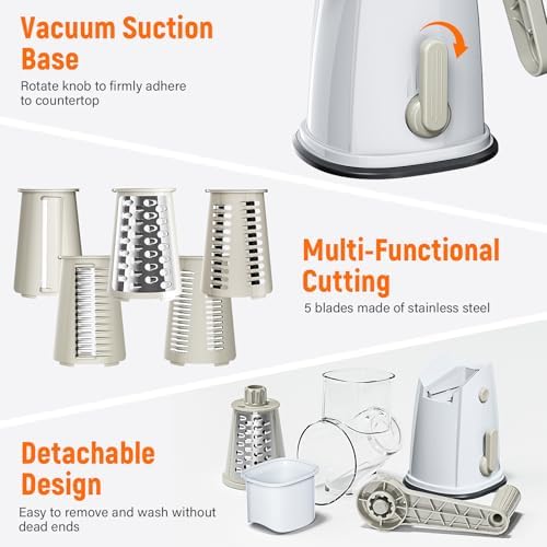 Rotary Cheese Grater Hand Crank, 5-in-1 Vegetable Chopper Spiralizer Slicer
