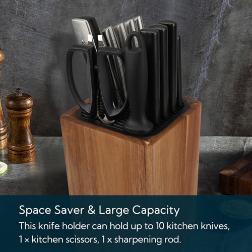 KITCHENDAO Deluxe Universal Knife Block with Slots for Scissors and Sharpening Rod - Acacia Wood Knife Block For Safe, Space Saver Knives Storage - Unique Slot Design to Protect Blades