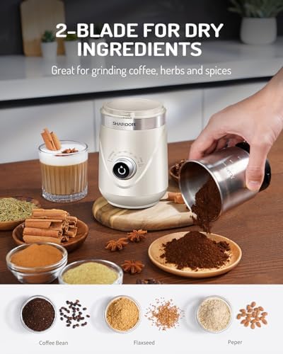 SHARDOR Electric Super Silent Blade Coffee Grinder, Timed Grind Control Rotary Knob, Adjustable Coarse to Fine for Coffee Beans, Spices & Herbs, with 2 Removable Stainless Steel Bowl, Cream