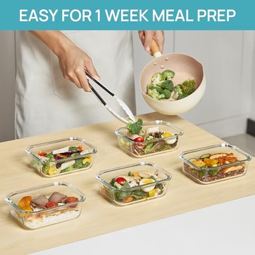 Vtopmart 5Pack 22oz Glass Storage Containers with Lids, Glass Meal Prep Food Container Sets with Snap Airtight Lids for Microwave, Oven, Freezer and Dishwasher, Grey (Pack of 2)