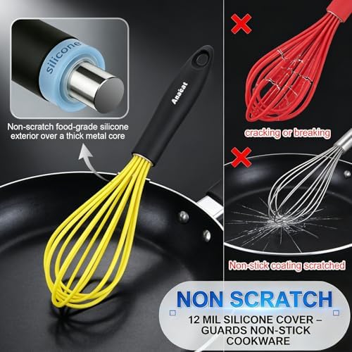 Anaeat Silicone Whisk, Thick Stainless Steel Wire Inner Heat Resistant - Kitchen Whisks for Non-Stick Cookware, Balloon Egg Beater for Whisking, Blending, Beating, Frothing & Stirring (Yellow)