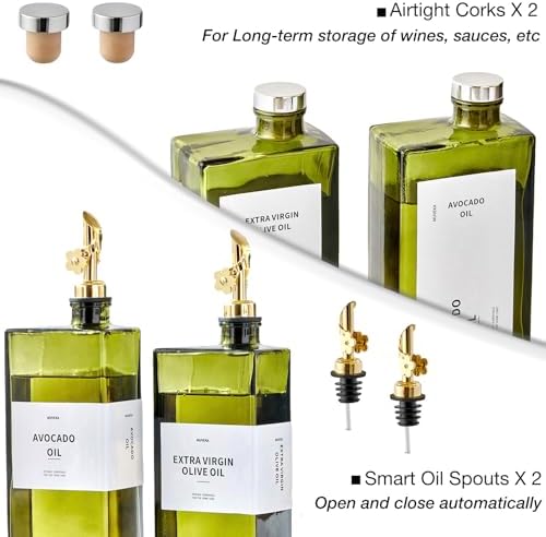 Olive Oil Dispenser Bottle for Kitchen, 16.9oz /500ml Cooking Vinegar Dispenser Bottle Set, Glass Sauce Container, Labels, Brush, Funnel, Stoppers, Green for Oil, Wine