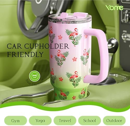 YOME 40 oz Flamingo Tumbler with Handle and Flip Straw for Women | Stainless Steel Insulated Water Bottle | Keeps Drinks Cold | Dishwasher Safe | Cupholder Friendly | Gift Gym Travel Yoga