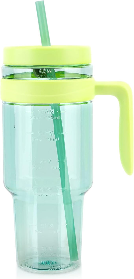 50oz Clear Tumblers with Handle and Straw | Tritan Plastic | Leak-Proof BPA-Free Tumbler with Time Marker | Reusable Cup for Iced Coffee, Tea, Juice, Boba, Smoothies