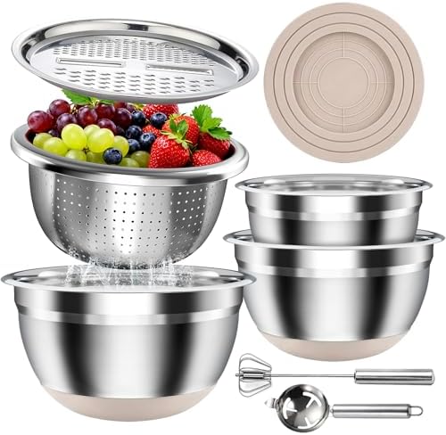Stainless Steel Mixing Bowls Set with Lids & Silicone Base,7‑Piece Set