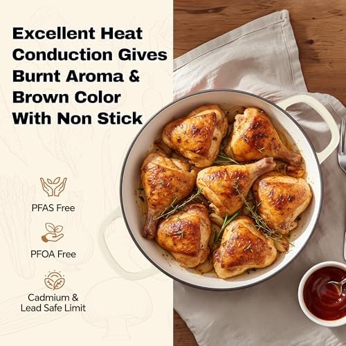 3 Quart Enameled Cast Iron Braiser, Non Stick Enameled Cast Iron Skillet with Lid, Dutch Oven Skillet with lid up to 500°F for Oven, Stove, Grill, Shallow Dutch Oven for Cook, Bake (Beige)