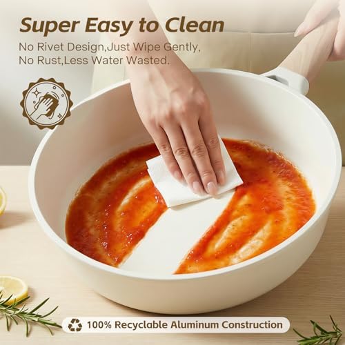 Ceramic Nonstick Frying Pan with Lid, 4.0 QT Sauté Pan Large Capacity Skillet, Non Stick Deep Frying Pan Induction Compatible White Granite Coating PFOA/PFAS Free Non-toxic Healthy Kitchen Cookware