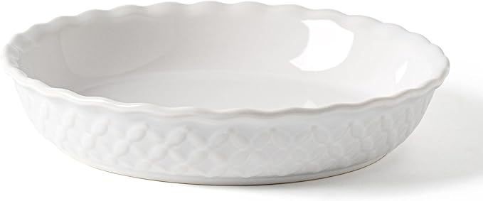 9 Inch Embossed Ceramic Pie Dish,36oz Deep Fluted Baking Pan with Floral Pattern,Elegant Pie Plate for Apple, Quiche, Tart–Oven & Dishwasher Safe