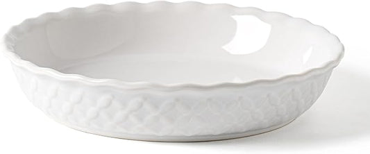 9 Inch Embossed Ceramic Pie Dish,36oz Deep Fluted Baking Pan with Floral Pattern,Elegant Pie Plate for Apple, Quiche, Tart–Oven & Dishwasher Safe