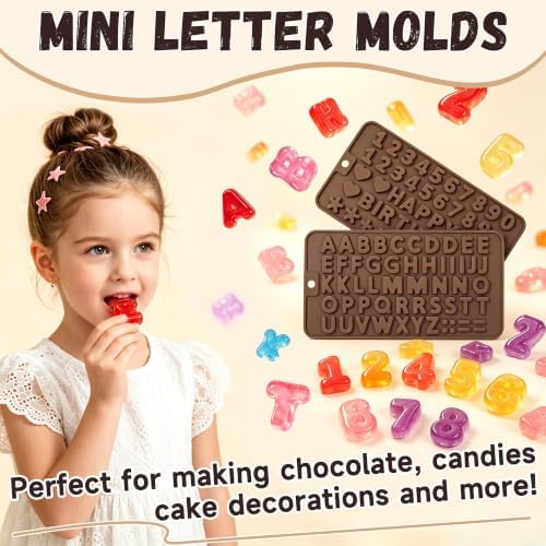 2PCS Silicone Molds for Chocolate,Number Letter Molds,Reusable Candy Molds with Happy Birthday Decorating Symbols,Mini Size Alphabet Decorating for Birthday Cake Lollipop Fondant Chocolate