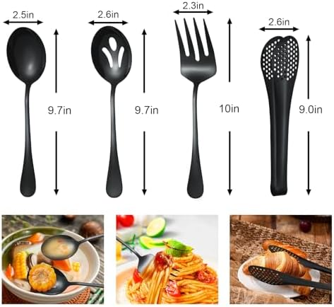 Lazycorner Large Serving Utensils,12 Pcs Stainless Steel Serving Set with Serving Spoons,Serving Fork,Serving Tongs,Polished Serving Utensil Set for Buffet Parties Home,Dishwasher Safe(Black)