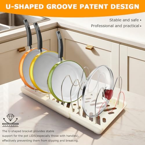 Pots and Pans Organizer for under Cabinet, Expandable Pot Lid Holder with 10 Adjustable Compartment, Pan Organizers inside Cabinet for Lids, Bakeware, Cutting Boards(COLOR:White)