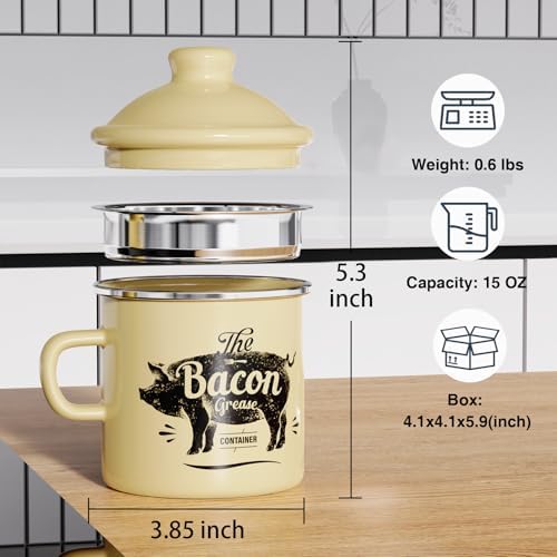 Bacon Grease Container with Strainer-15OZ Enamel Saver, Dishwasher Safe