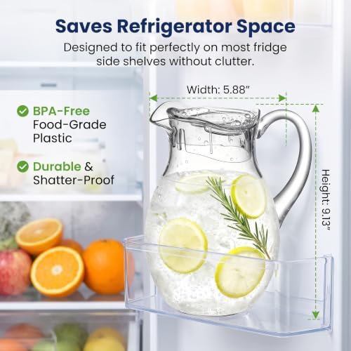 Clear Acrylic Pitcher with Lid (72 oz), Unbreakable Plastic Water Pitcher with Handle, Fridge Jug, BPA-Free, Shatter-Proof, Great for Iced Tea, Sangria, Lemonade, Juice, Milk, and More