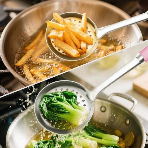 18/0 Stainless Steel Spaghetti Spoon & Slotted Spoon for Cooking, Heavy Duty Frying Pink Spoon Pasta Strainer Skimmer, Cooking Utensils Commercial and Residential Use, Pack of 2