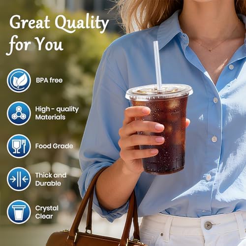 25 Pack 16oz Leak-Proof Clear Plastic Cups with Lids and Straws