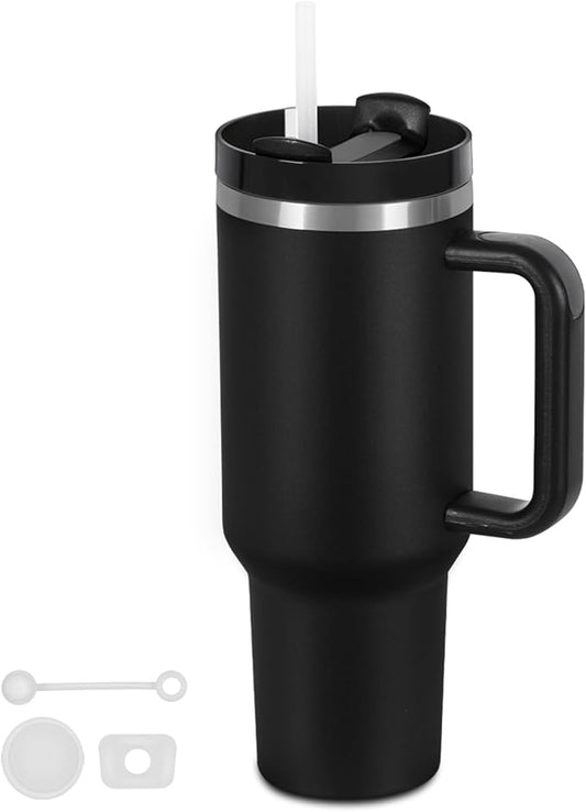 40 Oz Tumbler with Handle, Double Wall Vacuum Insulated Stainless Steel Tumbler with Lid and Straw, 40 oz cup with Silicone Spill Proof Stopper Set (Black-1)