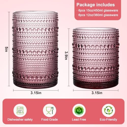 KMIGRUAN Hobnail Drinking Glasses Set of 12,15Oz & 12Oz Cocktail Glasses