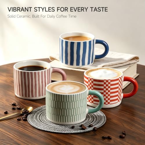 Stoneware Coffee Mugs Set of 4, 14oz Hand-Painted Coffee Cups with Handle