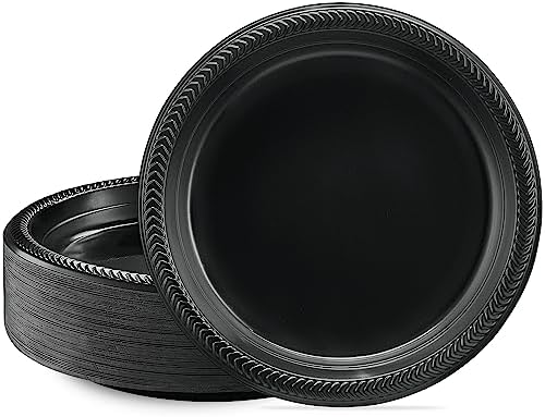 PLASTICPRO 200 PCS Black Plastic Plates Light Weight 9 Inch Plastic Dinner Plates Black Plate Disposable for Party and Wedding