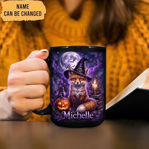 Hyturtle Personalized Halloween Fox Mug, Custom Name Gift for Women