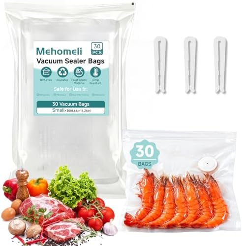 Mehomeli Reusable Vacuum Sealer Bags, 30 Small Bags, 8.66 × 8.26in
