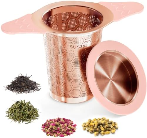 Tea Infuser for Loose Leaf Tea,Stainless Steel Tea Strainer with Silicone Handles,Extra Fine Mesh Tea Strainers for Loose Tea Filter Fine Tea Leaves Effectively,Fits TeaPots/Mugs (Rose gold)