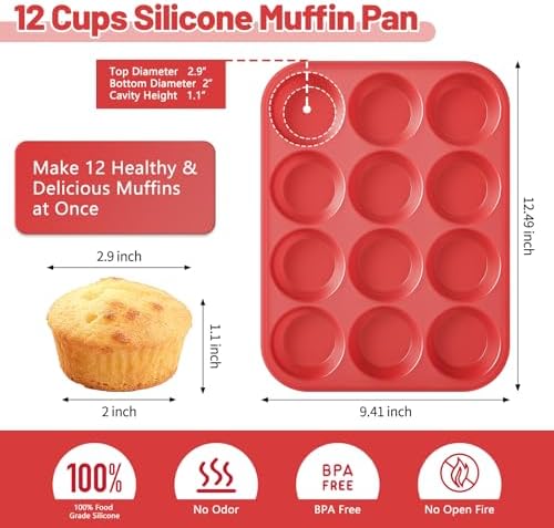 Silicone Muffin Pan with Metal Reinforced Frame,2 Pcs 2.9" Regular Size 12 Cups Egg Bite Mold,Non-Stick,Easy Release,For Egg Muffins, Cupcakes, Large Muffins,Cheesecakes(Orange + Red)