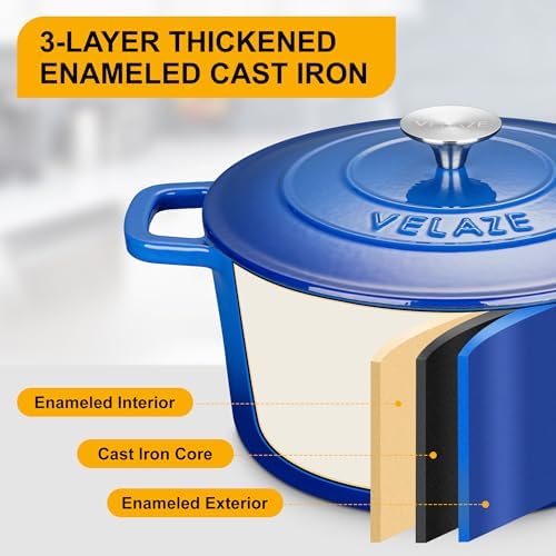 Velaze 6 QT Enameled Cast Iron Dutch Oven Pot with Lid, Blue